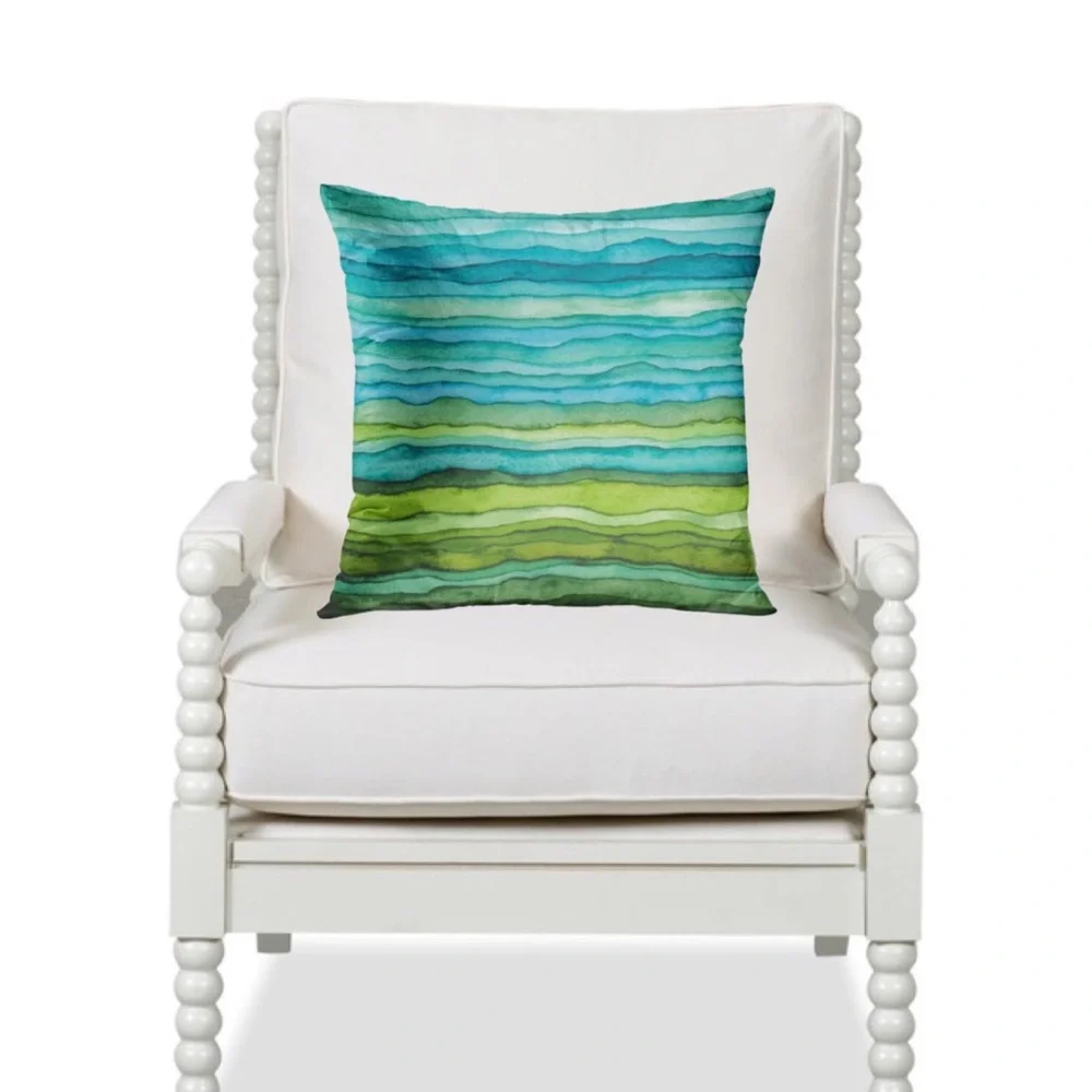 Luxury Home | Coastal Blue & Green Watercolor Ombre Striped Throw Pillow Cover